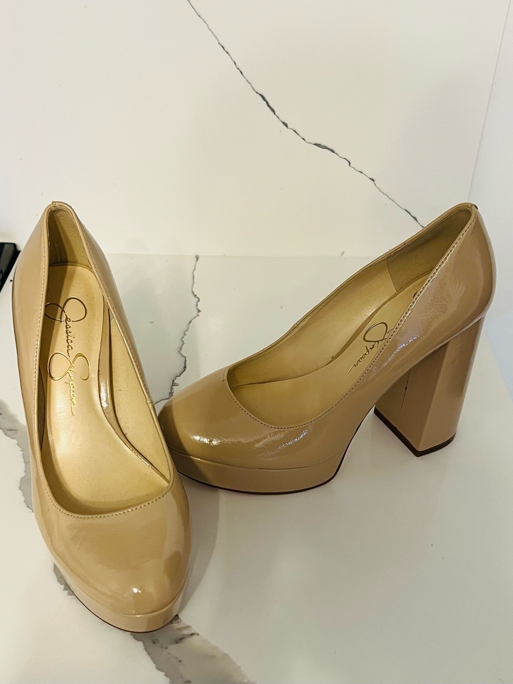 Jessica Simpson Beige Patent Platform Pumps - Chunky Block Heel